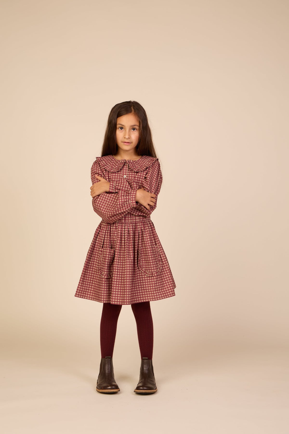 Frill Collar Poplin Blouse - Tween - Bordeaux Check | 101450 Julia