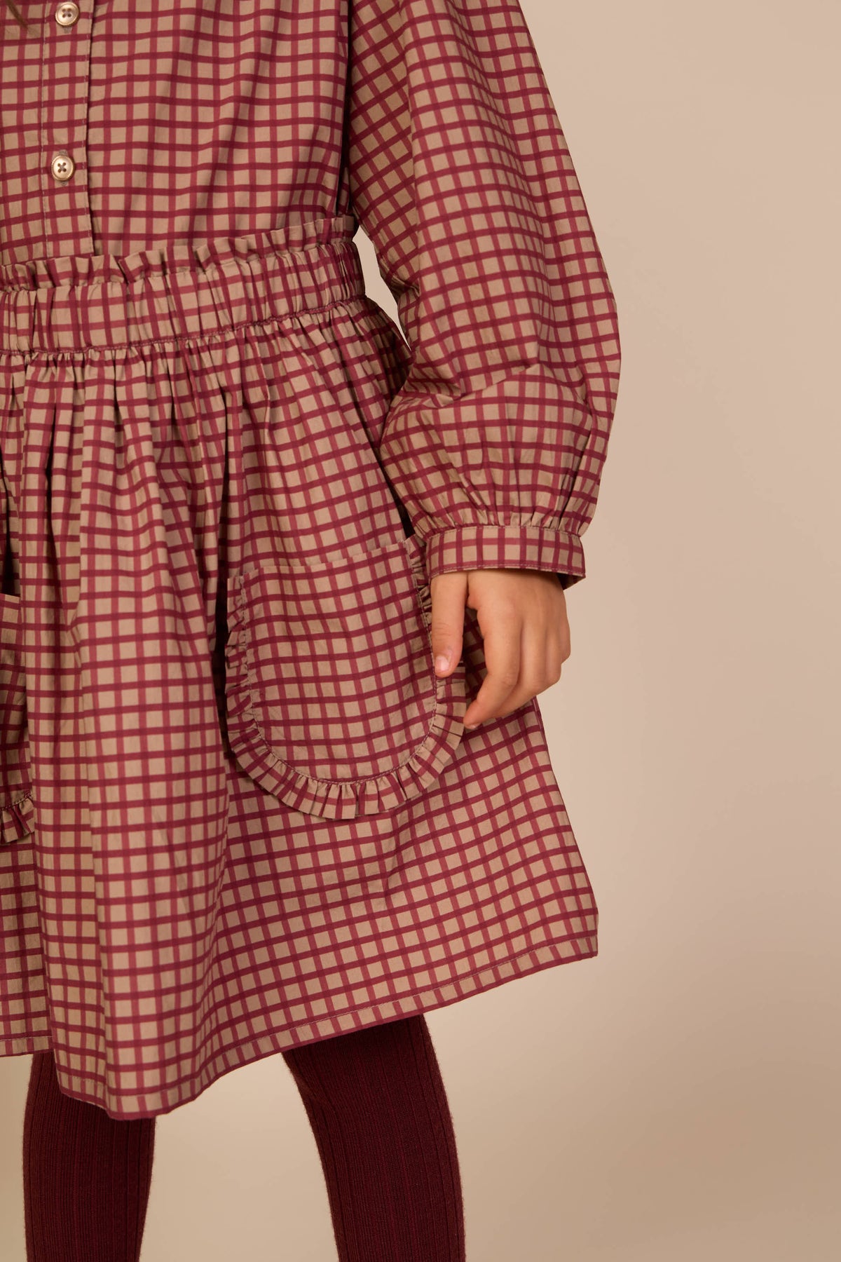 Frill Pocket Poplin Skirt - Kids - Bordeaux Check | 101443 Julia