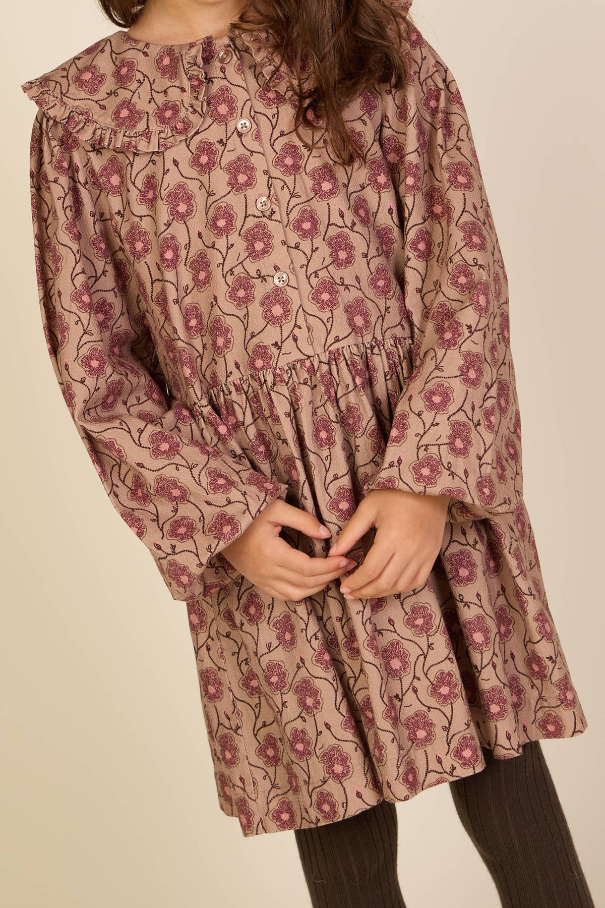 Floral Cotton Dress with Collar - Kids - Rose/Bordeaux | 101425 Nova