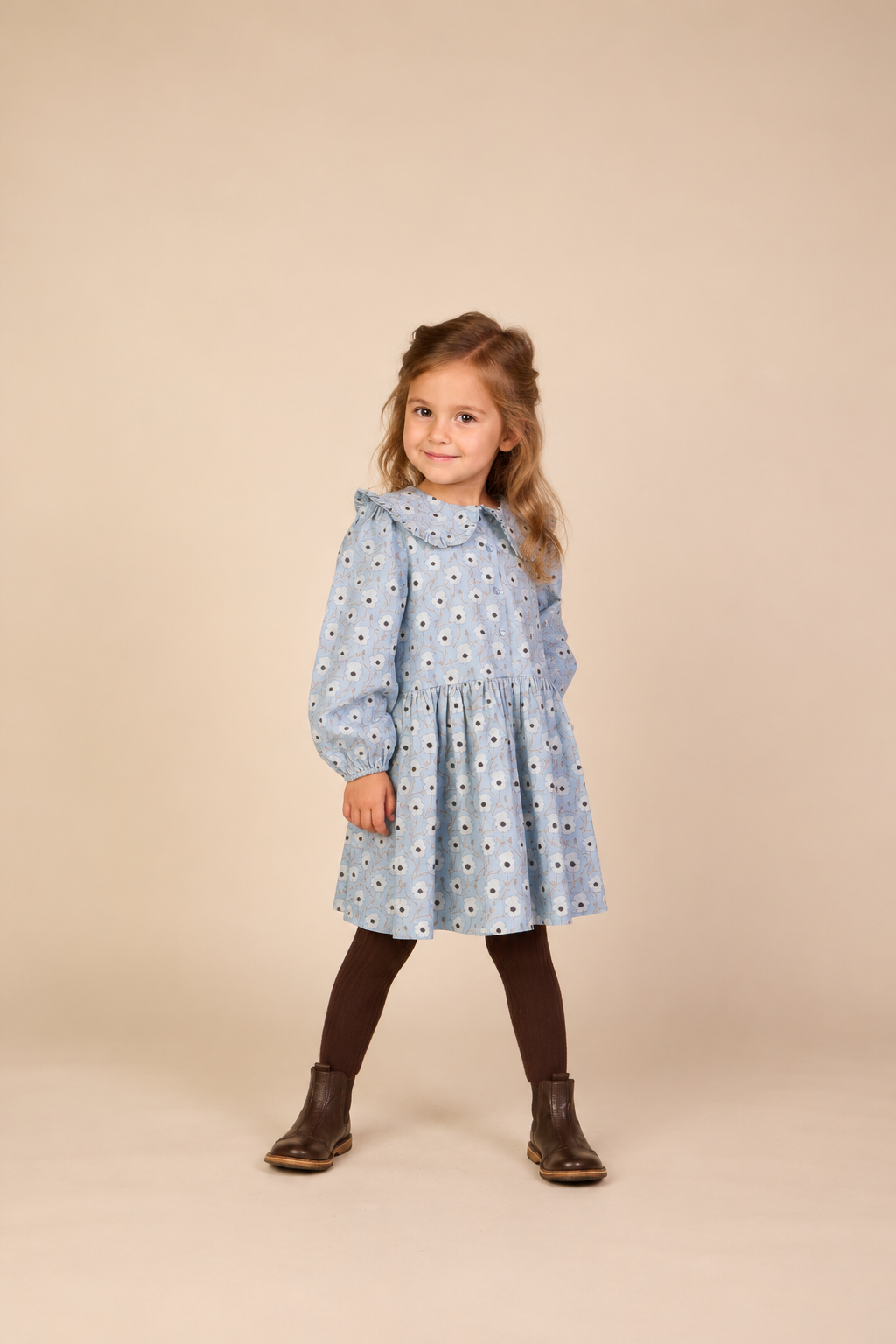 Floral Cotton Dress with Collar - Kids - Blue/Brown | 101427 Nova