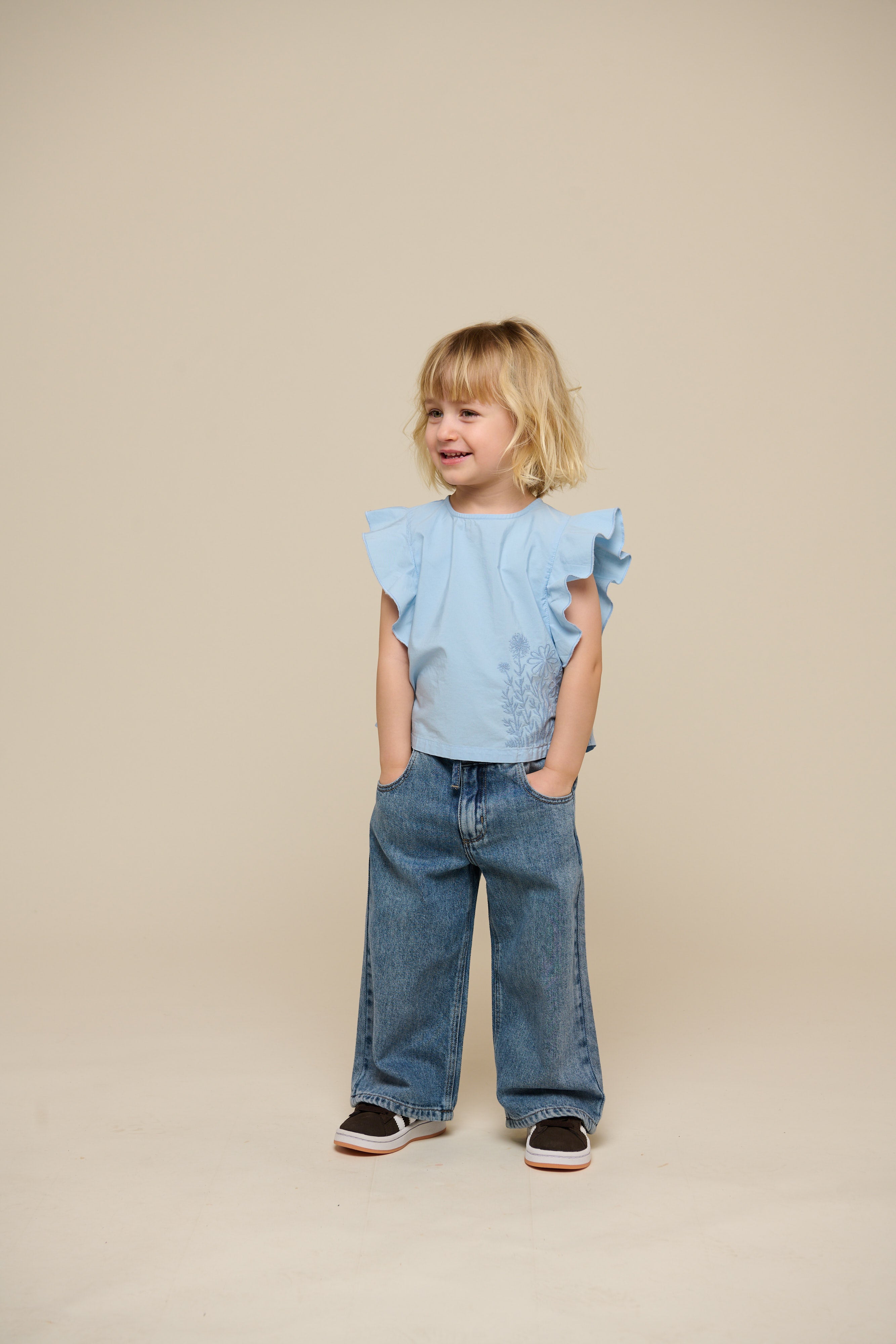 Poplin Blouse with Embroidery - Kids - Powder Blue | 101042 Barbara