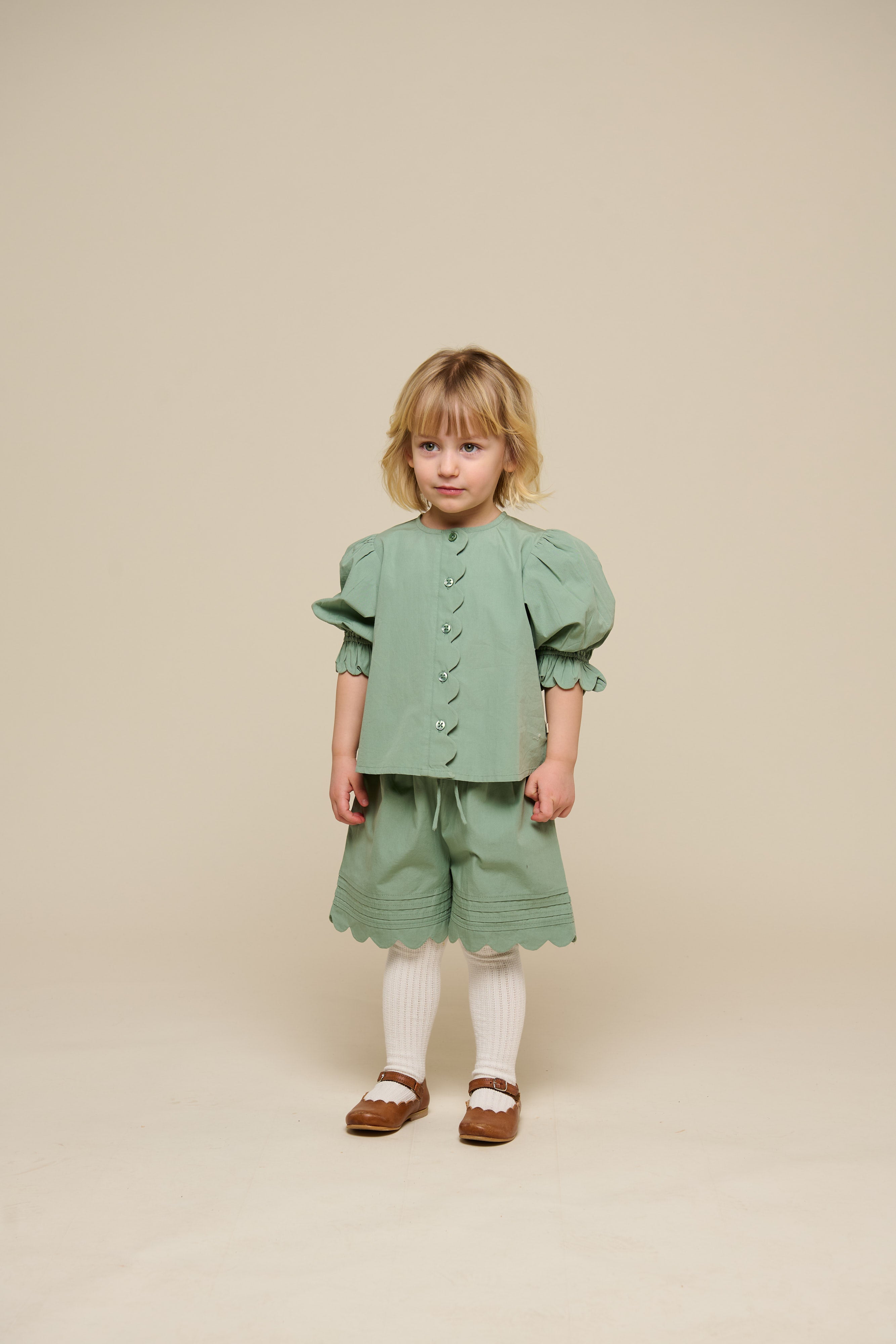 Poplin Blouse with Scallop Edge - Kids - Dusty Green | 101047 Joy